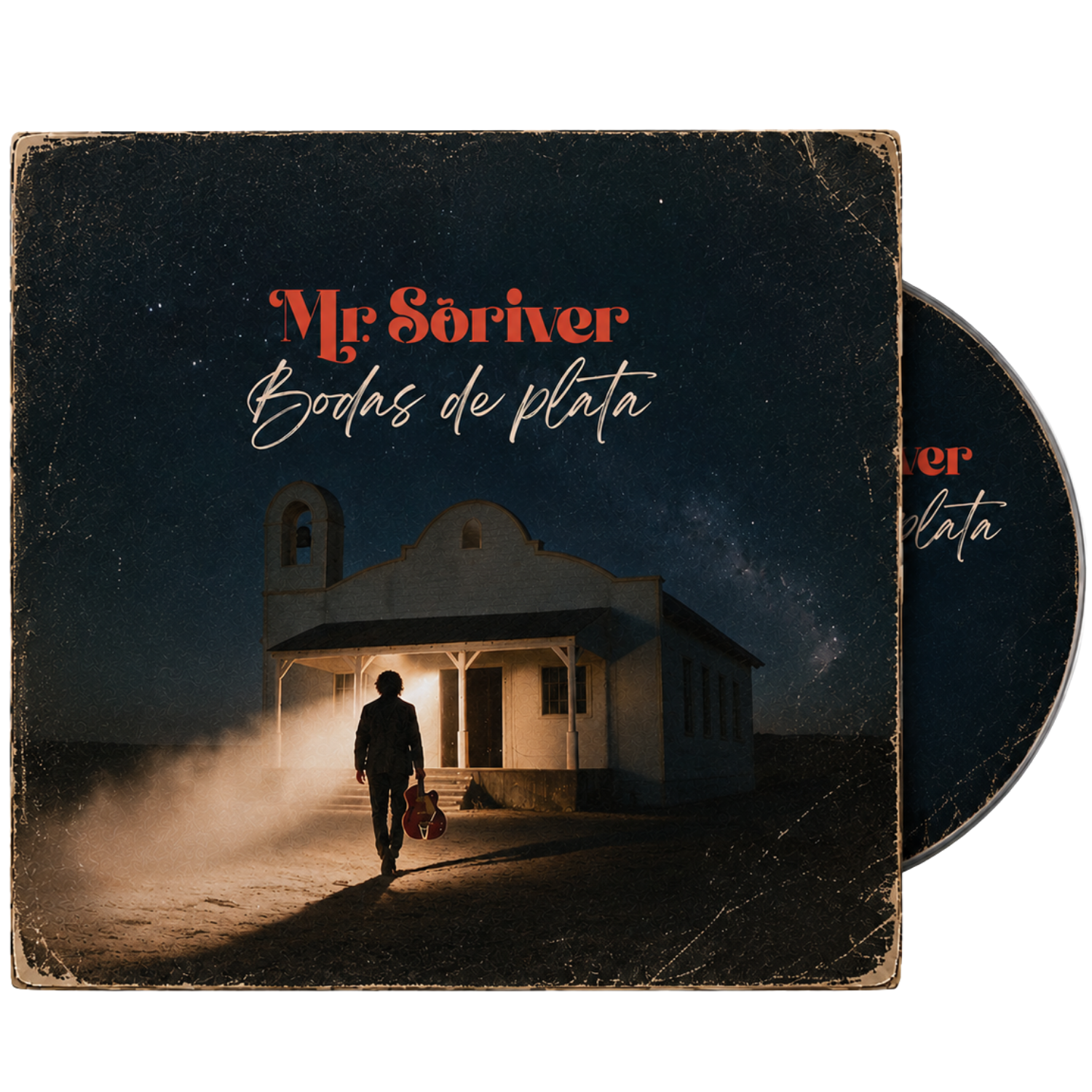 CD de Bodas de plata de Mr. Sóriver: funda de cartón desgastada con la ermita del desierto y el disco asomando