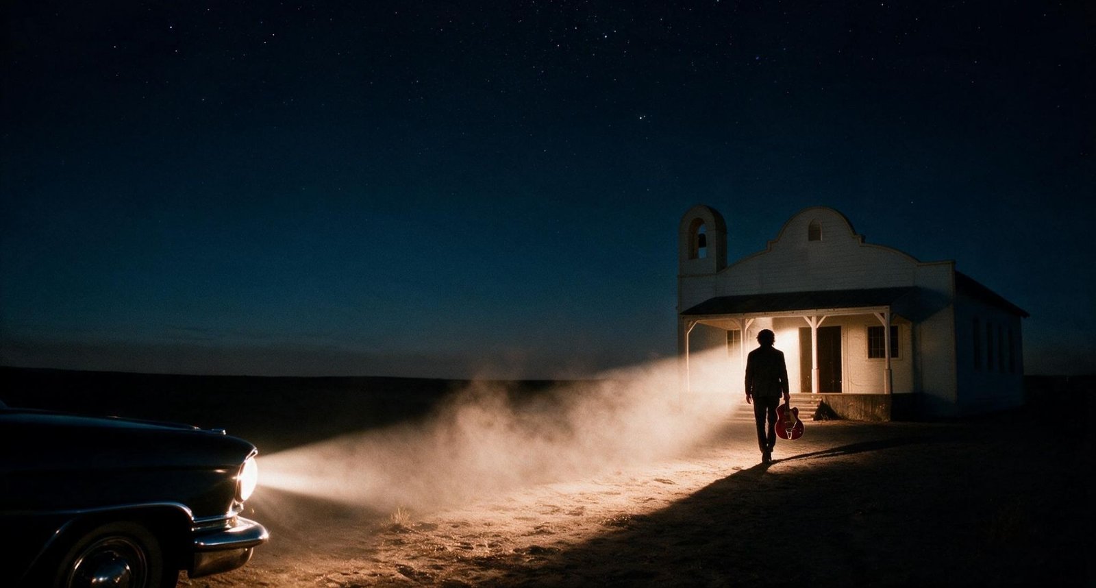 Mr. Sóriver, cantautor de country y folk, camina de noche hacia una ermita del desierto con su guitarra, iluminado por los faros de un Cadillac — disco Bodas de plata